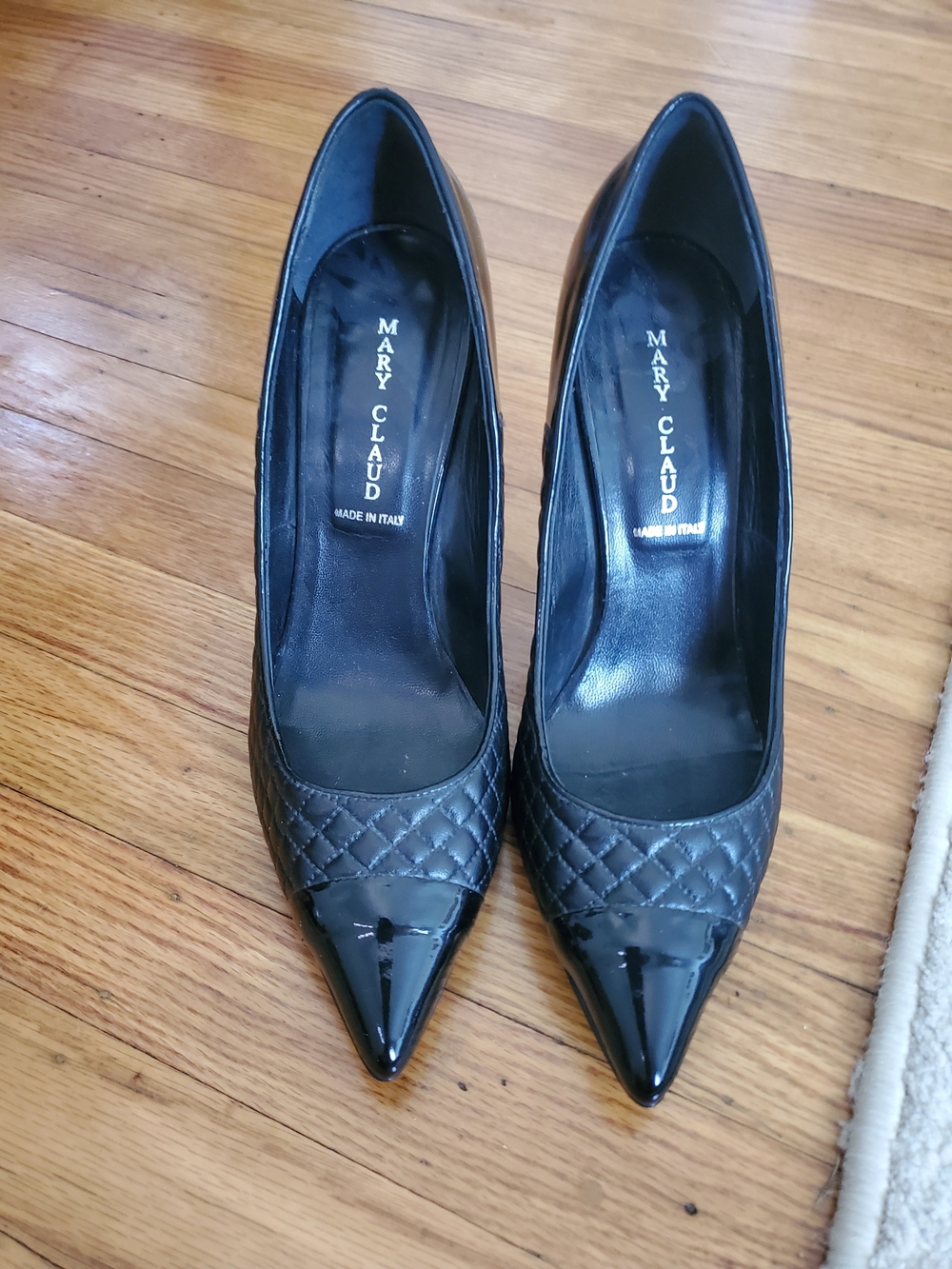 Mary Claud Italy Black Quilted Patent Pointed-Toe Pumps Womens Sz 10